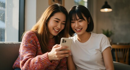 Two Smiling Women Sharing a Smartphone Screen Indoors