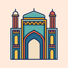 Colorful geometric cartoon illustration of a historic Islamic building with minarets
