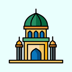 Colorful mosque building with green dome and blue entry archway isolated