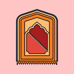 Colorful Prayer Rug Illustration with Arch and Diagonal Pattern on Pink Background