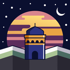 Illustration of a building at night with a crescent moon and stars
