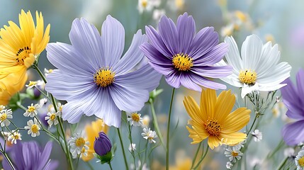 Fototapeta premium Pastel Botanical Illustration of Wildflowers in Soft Colors
