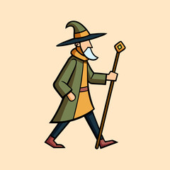 Stylized Wizard Illustration with a Walking Stick and Pointed Hat