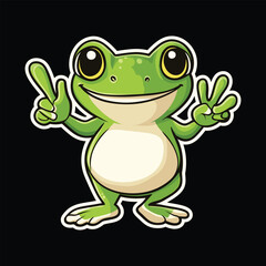A happy cartoon frog with a peace sign
