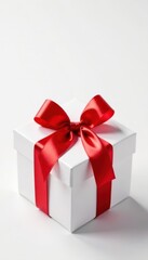 Obraz premium Elegant red ribbon tied gift box, white background, color, bowknot, celebration