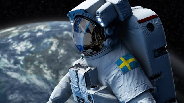 Sweden Astronaut with arm patch flag floating through space. Space program. Spaceman. Earth in background. The country showing national pride. 