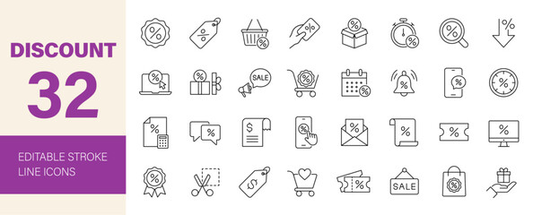 Discount icon set. Shopping related line icons: sale, coupon, shop, e-commerce, promotion, outlet, offer, credit, price card and more. Editable stroke. Vector illustration.