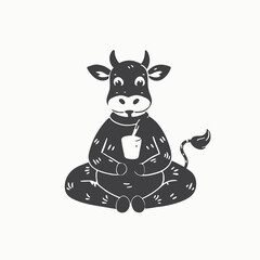 The cow is meditating or doing yoga, 
Cute cow meditation yoga cartoon vector icon illustration
