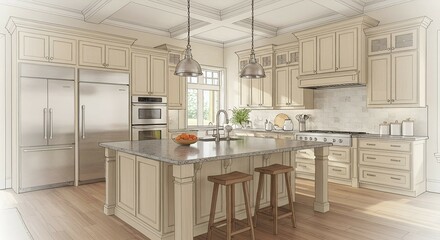 Modern kitchen interior. Stylish kitchen interior with modern furniture. Combination of photo and sketch 