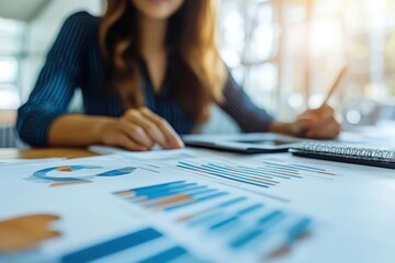 Business professional analyzing graphs and charts in a modern office setting during the day