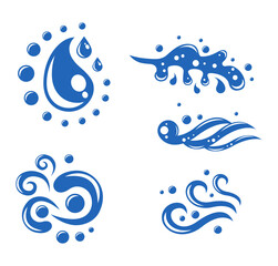 Blue water splashes waves drops blots decorative