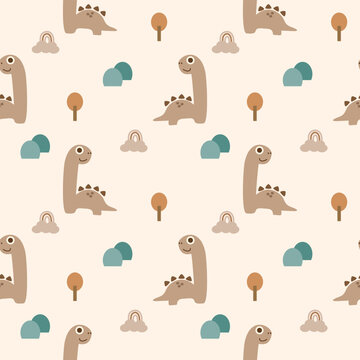 Fototapeta Dinosaurs cartoon so cute. On tree mountain cloud rainbow background. Pattern seamless vector illustration. 