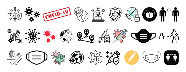 Set of Covid 19, Pandemic Prevention, Vaccination, Masks and Social Distancing icon set collection vector design.