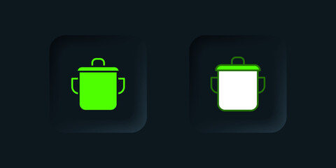 Green Cooking pot icon isolated on black background. Boil or stew food symbol. Black square button. Vector