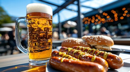 German-style bratwurst with stone-ground mustard, pretzel bun, beer stein in background