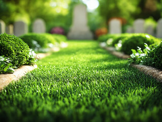 A peaceful and serene pathway of lush green grass leads through a cemetery with blurred grave markers on either side.