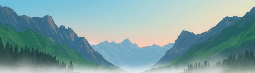 Obraz premium Morning fog settling in a mountain valley between two large green and gray mountains. A stunning panoramic view of a vast valley, ideal for hiking adventure and travel. Banner with copy space. 