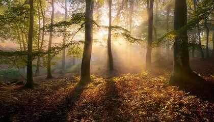 Obraz premium Golden sunlight filtering through misty forest at sunrise