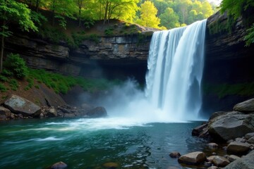 Fototapeta premium Taughannock Falls' cascading water, smooth rock face, splashing base , power, beauty