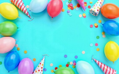 Fun and festive birthday party background with colorful balloons, party hats, confetti, ribbons, and artificial flowers arranged in a frame on a bright light blue background
