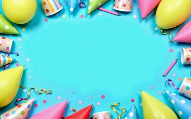Fun and festive birthday party background with colorful balloons, party hats, confetti, ribbons, and artificial flowers arranged in a frame on a bright light blue background