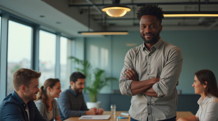 Afro American man, 30s, confidently discusses past mistake at team meeting, subtle vulnerability in eyes, atmosphere of trust and support.