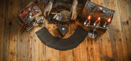 Witch Altar with Tarot, Candles, and Mystic Ritual Tools