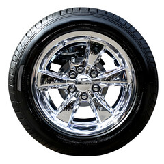 A gleaming chrome wheel, a symbol of automotive style and speed, encased in a robust black tire, showcasing polished perfection.