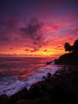 a stunning sunset over a rocky coastline with vibrant purple, pink, and orange hues. Waves crash dramatically, and a silhouetted palm adds tropical charm. The view is breathtaking.