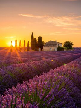 a picturesque stone house encircled by vibrant lavender fields. Sunlight bathes the scene, with white sheets swaying on a clothesline, creating a tranquil and rustic countryside ambiance.