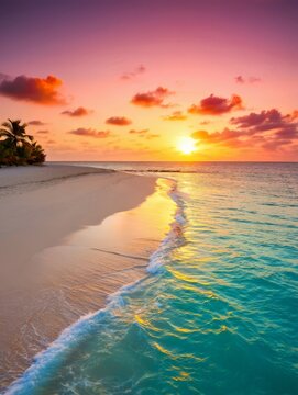 a stunning beach at sunset. The vibrant sky in hues of pink, purple, and orange reflects on the calm ocean waves. Palm trees and golden sands complete this serene, tropical paradise.