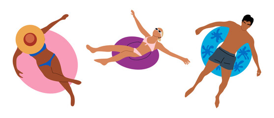 Flat vector illustration of family — father, mother and daughter — floating in rubber rings. Top view, wearing swimsuits. Isolated on transparent background, fun summer scene
