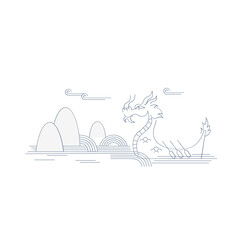 Dragon boat festival. zongzi dumplings, clouds, Chinese text Dragon Boat Festival, gold on green. Hand drawn vector illustration. Design concept, element holiday decor, card, poster, banner. Line art.