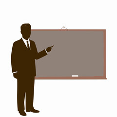 A brown silhouette of a teacher or presenter in a suit, pointing towards a blank chalkboard with chalk and an eraser on the ledge.
