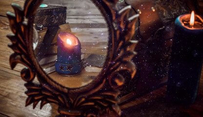 Witch Altar with Tarot, Candles, and Mystic Ritual Tools