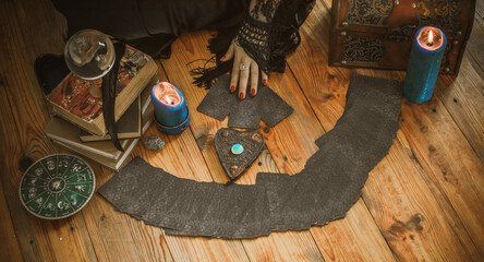 Witch Altar with Tarot, Candles, and Mystic Ritual Tools