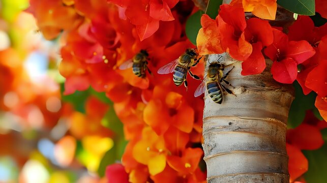 Bees Collecting Pollen from Vibrant Orange Flowers