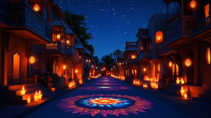 Naklejka premium A festive nighttime street scene in paper cut style, rows of balconies decorated with glowing diya oil lamps, multicolor Rangoli patterns lighting up the pavement below,
