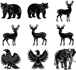 This black vector illustration showcases a wild animals collection silhouette set, featuring an animal design with a horse, dog, deer, cat, elephant, tiger, giraffe, and wolf