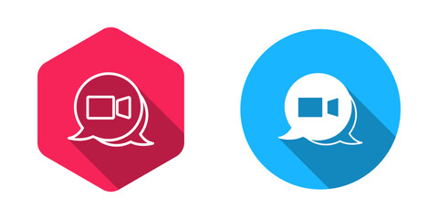 Filled and outline Video chat conference icon isolated with long shadow background. Online meeting work form home. Remote project management. Vector