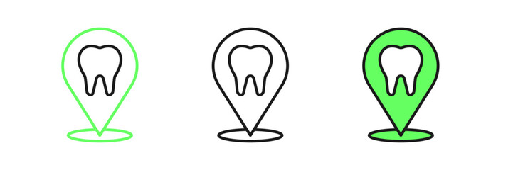 Set line Dental clinic location icon isolated on white background. Vector
