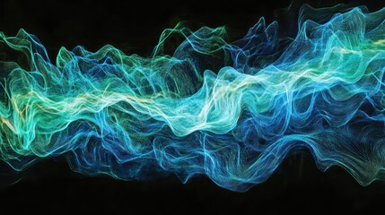 Obraz premium Abstract swirling turquoise and teal colored smoke or vapor flowing across a black background.