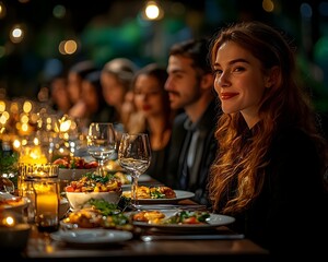 Executives enjoying a formal networking dinner with gourmet cuisine