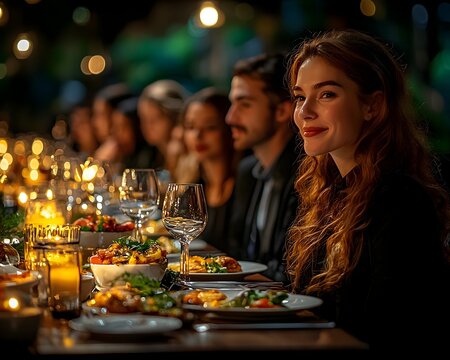 Executives enjoying a formal networking dinner with gourmet cuisine