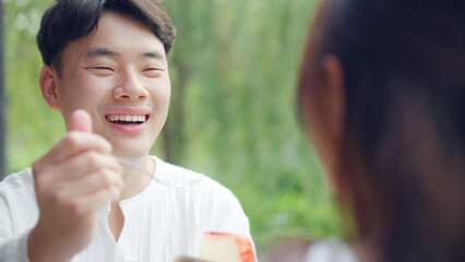 Asia people young adult man woman relax smile looking at camera take photo falling in love flirt at...