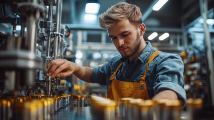 In a well-lit pharmaceutical manufacturing plant, a young process operator carefully adjusts settings on advanced machinery. This ensures efficient production and quality control during operations.