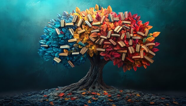 tree with books as leaves, representing literacy and education, books growing like leaves, vibrant colors, International Literacy Day concept, hightech illustration, 8K resolution
