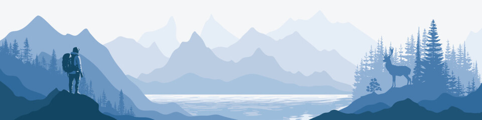 A tourist meets the sunrise in the mountains, hiking, adventure tourism and travel, deer in the forest, panoramic view