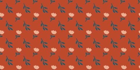 Seamless pattern with hand-drawn pastel flowers and green leaves on white and blue backgrounds, perfect for textile, packaging, wallpaper, wrapping paper and digital design