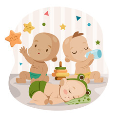 Flat Cute Three Little Babies Illustration